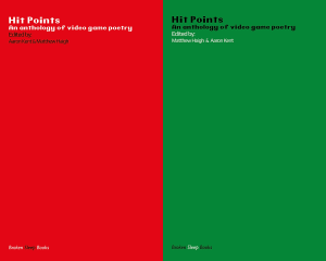 Both covers - red and green versions - of Hit Points: An anthology of video game poetry. Pixelated text on a plain coloured background.